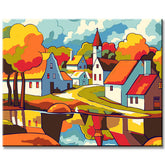 Painting by Numbers Art Illustration Colored Houses Water Reflection